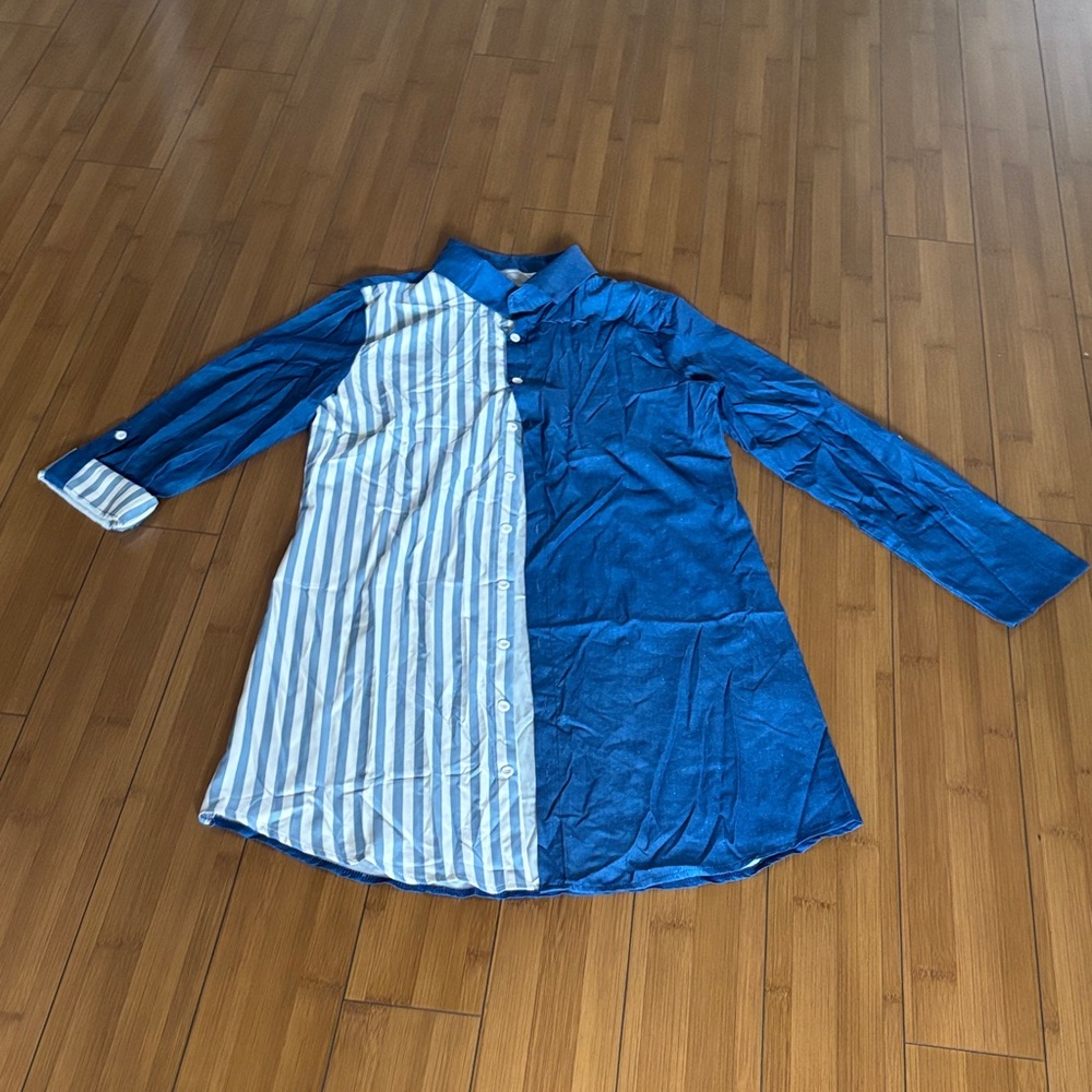 Blue and Striped Button-Up Shirt Dress